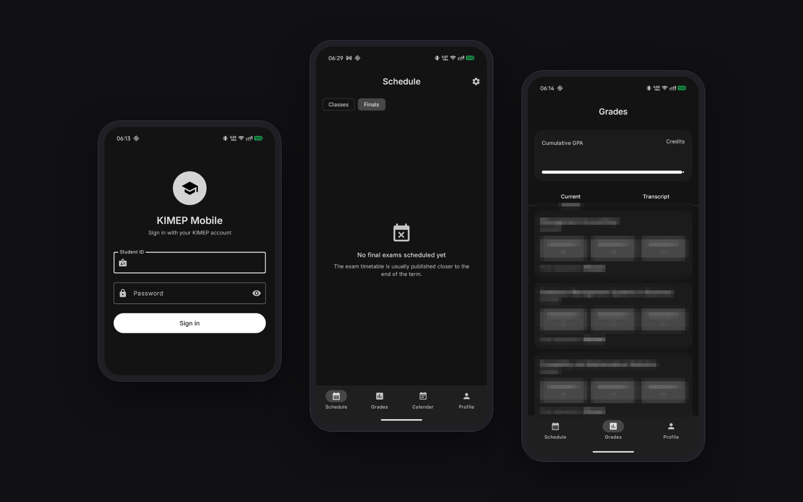 Экраны входа, экзаменов и оценок KIMEP Mobile со скрытыми личными данными