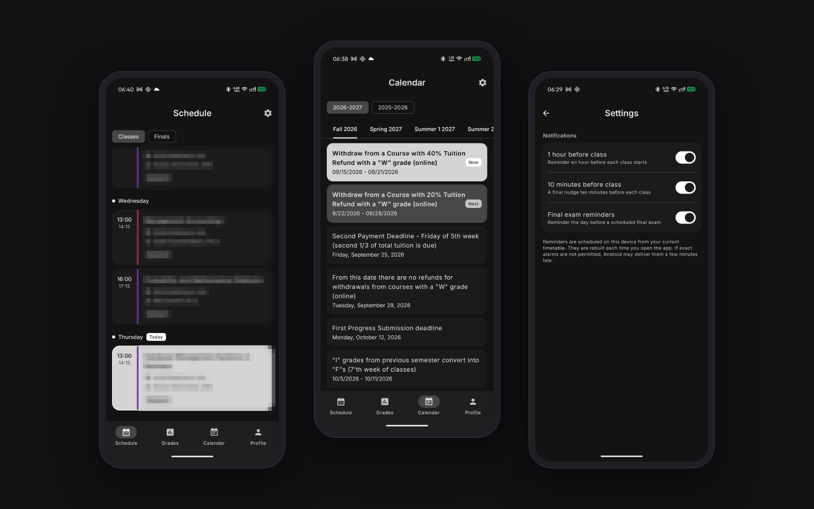 Экраны расписания, академического календаря и настроек напоминаний KIMEP Mobile