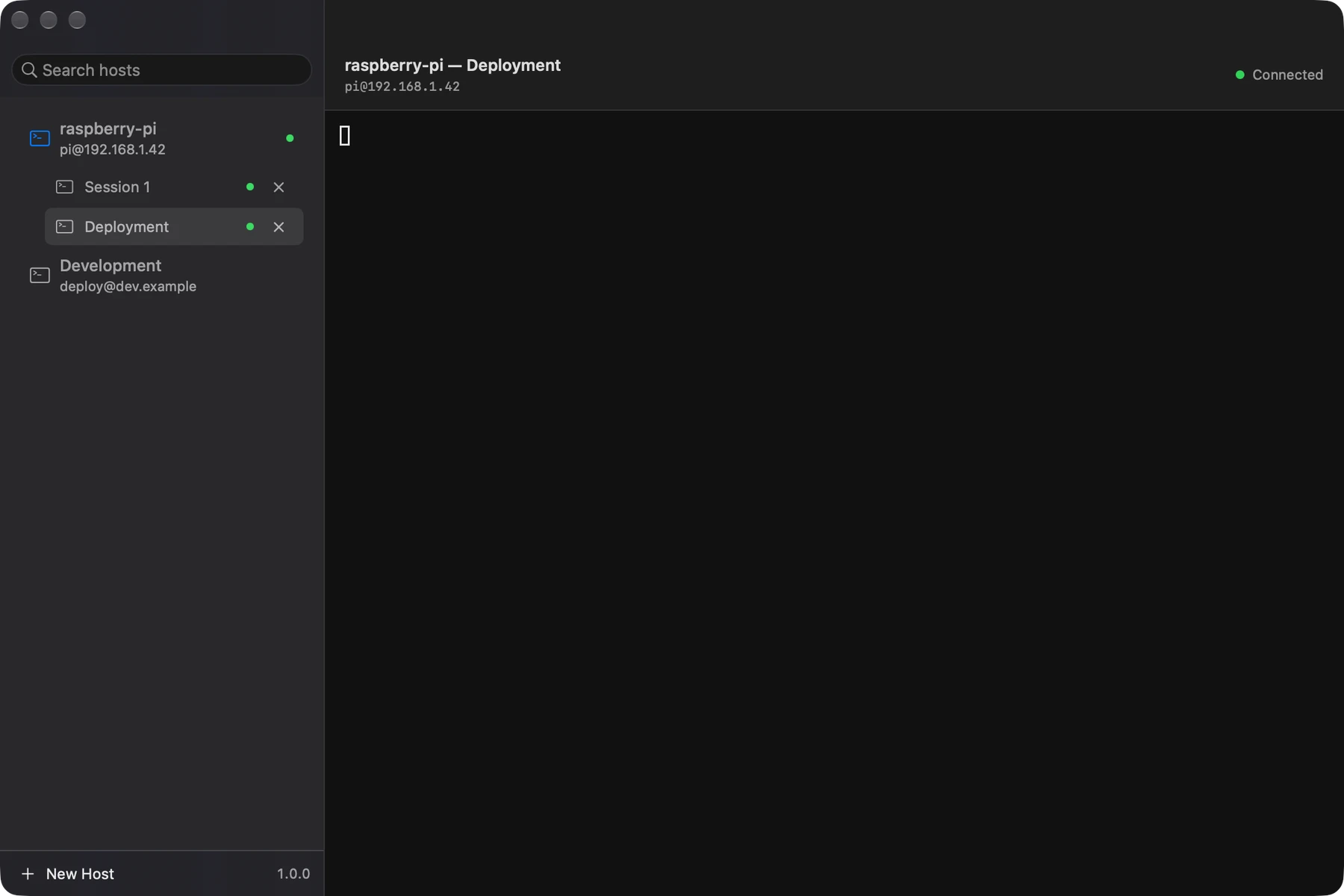 Окно Maine на macOS: список хостов, две именованные сессии одного сервера и подключённый терминал