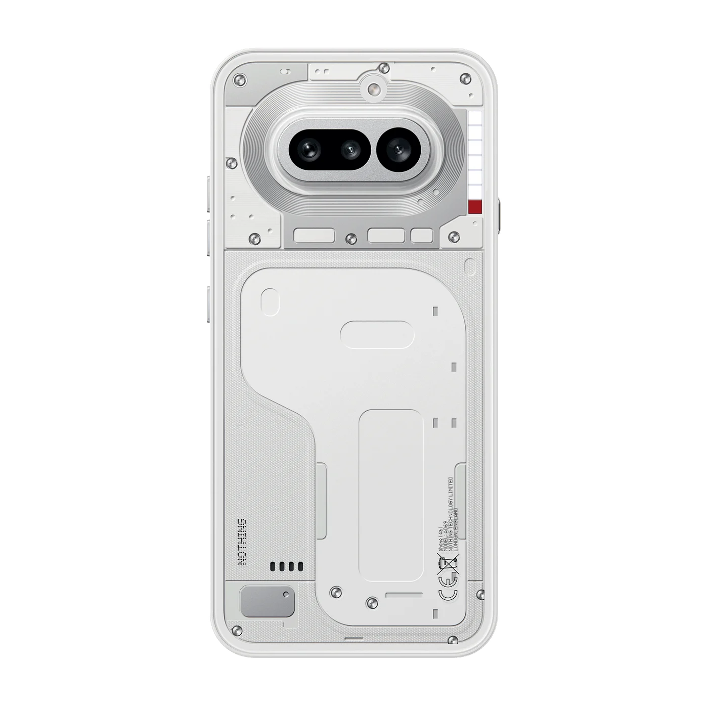 Белая задняя панель Nothing Phone (4a) с прозрачными декоративными элементами и горизонтальным блоком камер.